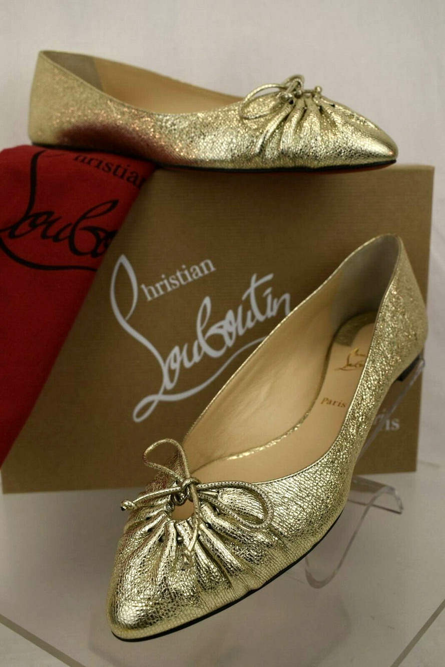 NIB LOUBOUTIN MERIMEE PLATINUM TEXTURED METALLIC LEATHER BOW BALLET FLATS 37.5